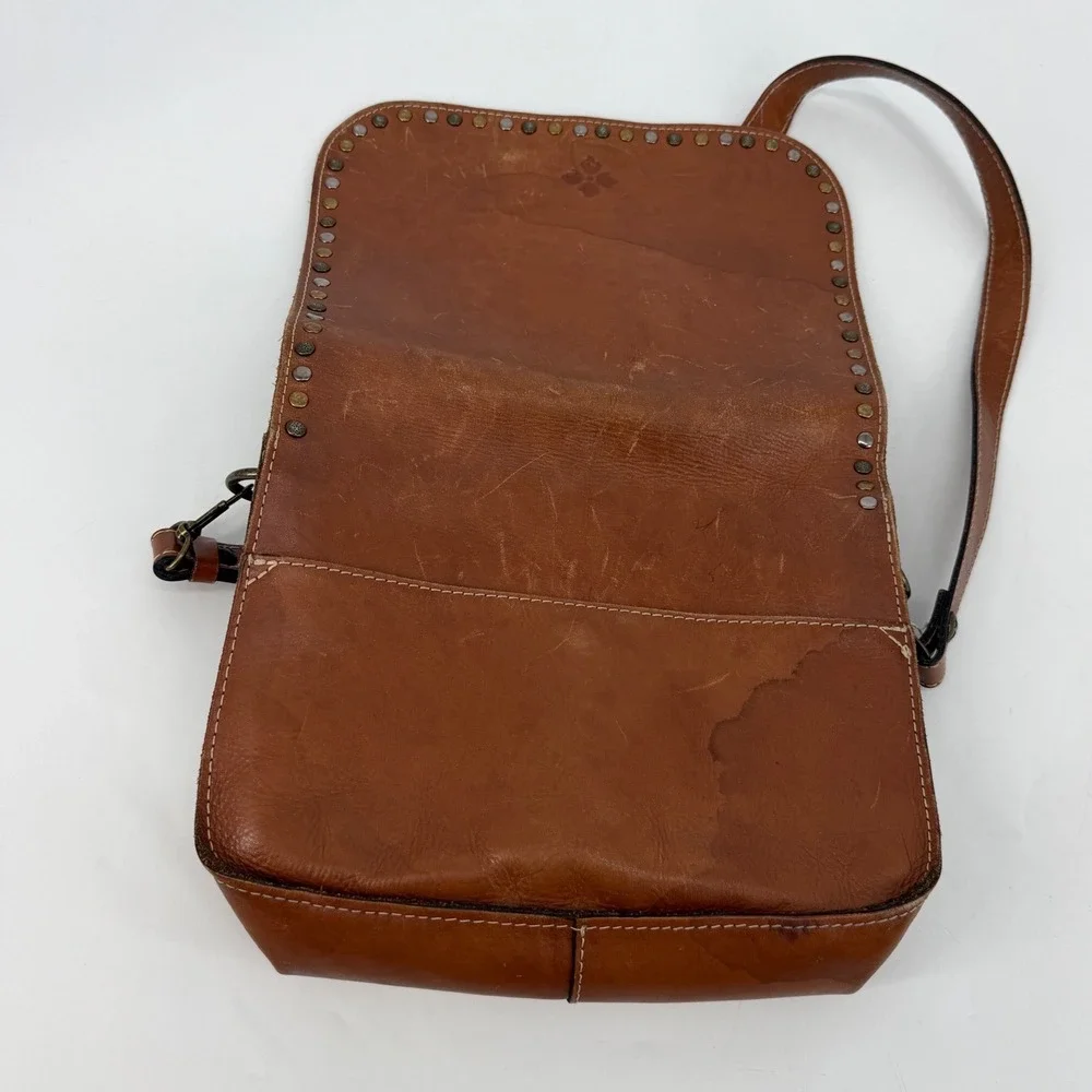 Patricia Nash Brown Italian Leather Studded Flap Crossbody Messenger Bag